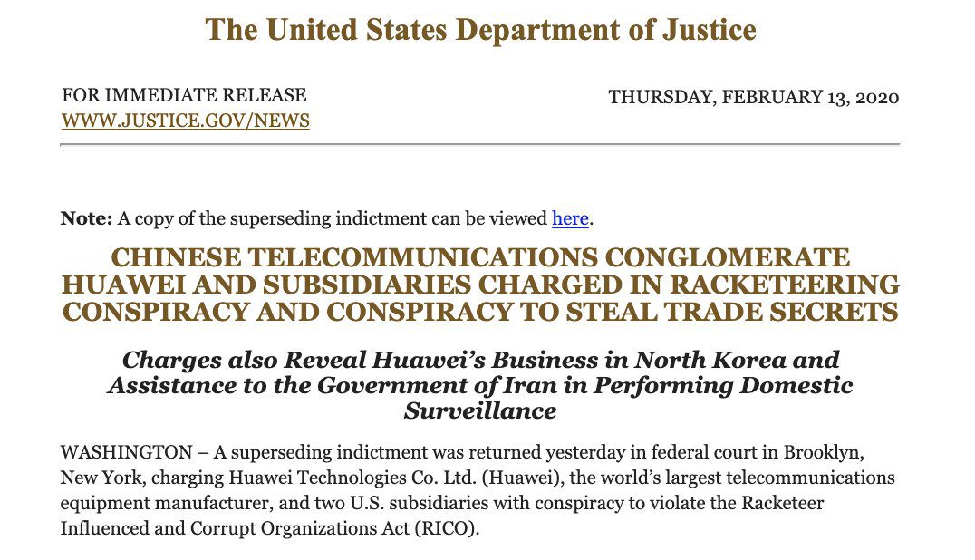 US DOJ updates their indictment against Huawei for RICO violations