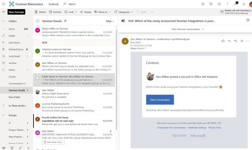 You can now respond to Yammer conversations, polls and questions without leaving the Outlook inbox
