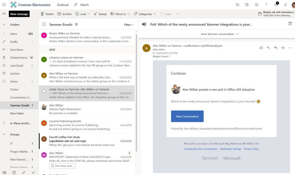 Artık Outlook gelen kutusundan çıkmadan Yammer konuşmalarına, anketlerine ve sorularına yanıt verebilirsiniz.