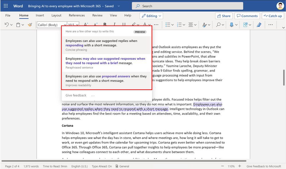 Microsoft Word Rewrite can now offer sentence-level writing suggestions