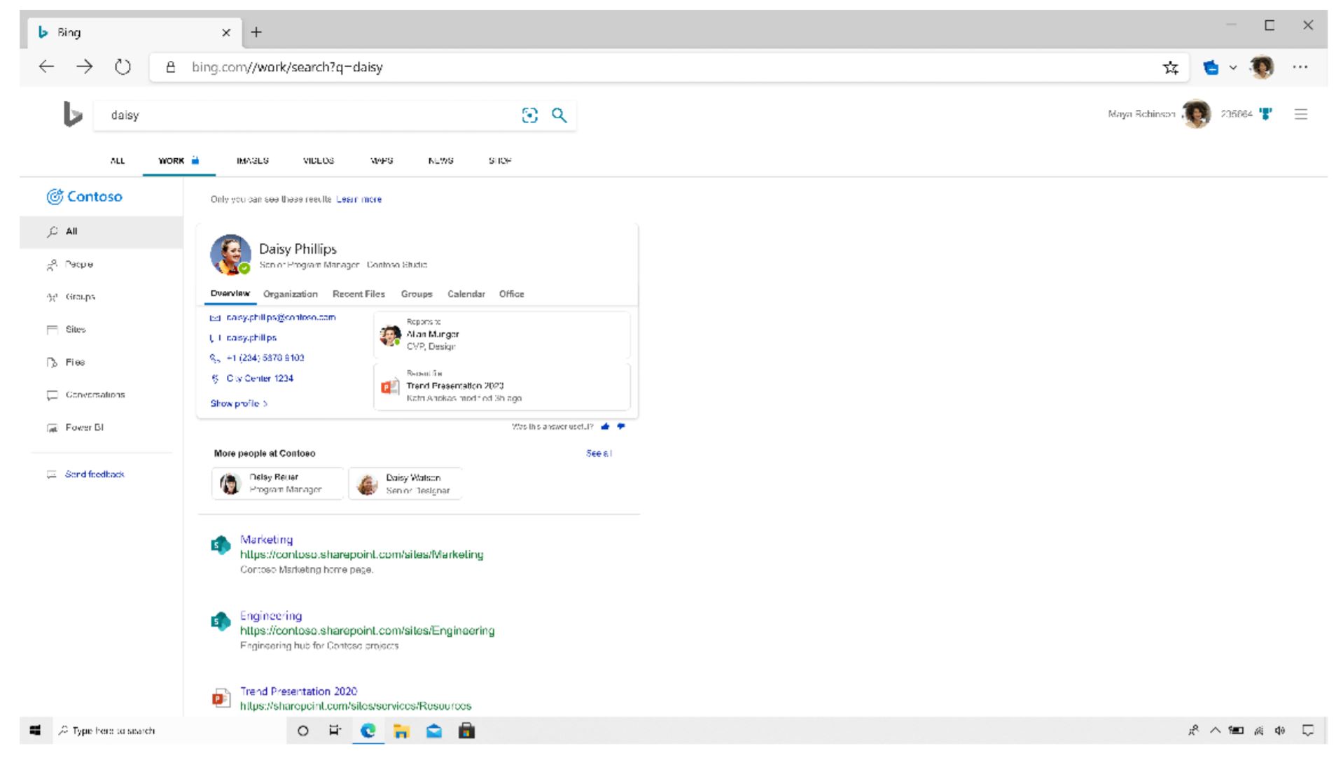 Die Microsoft Bing WORK-Seite liefert Intranet-Suchergebnisse