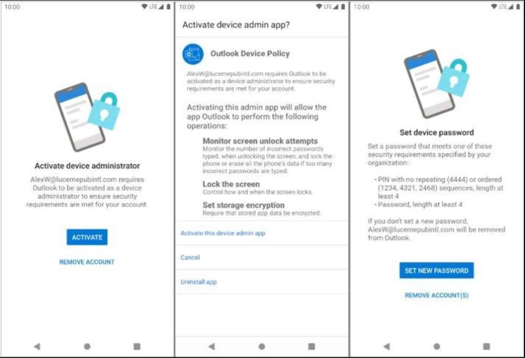 remove outlook device policy android
