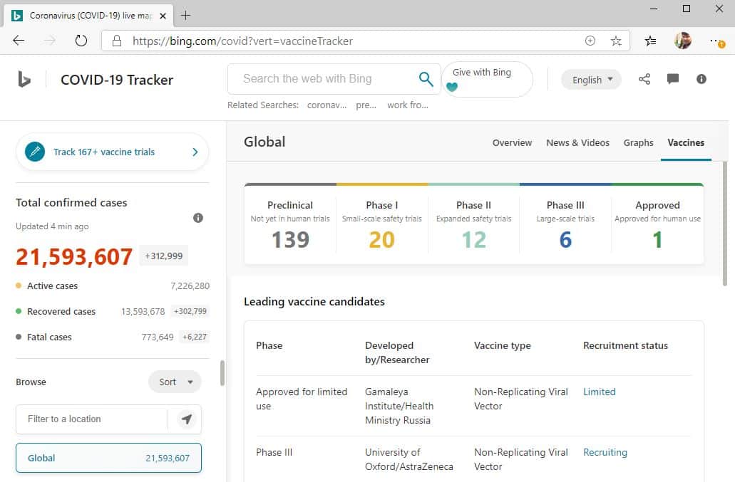 Microsoft Bing vaccine tracker