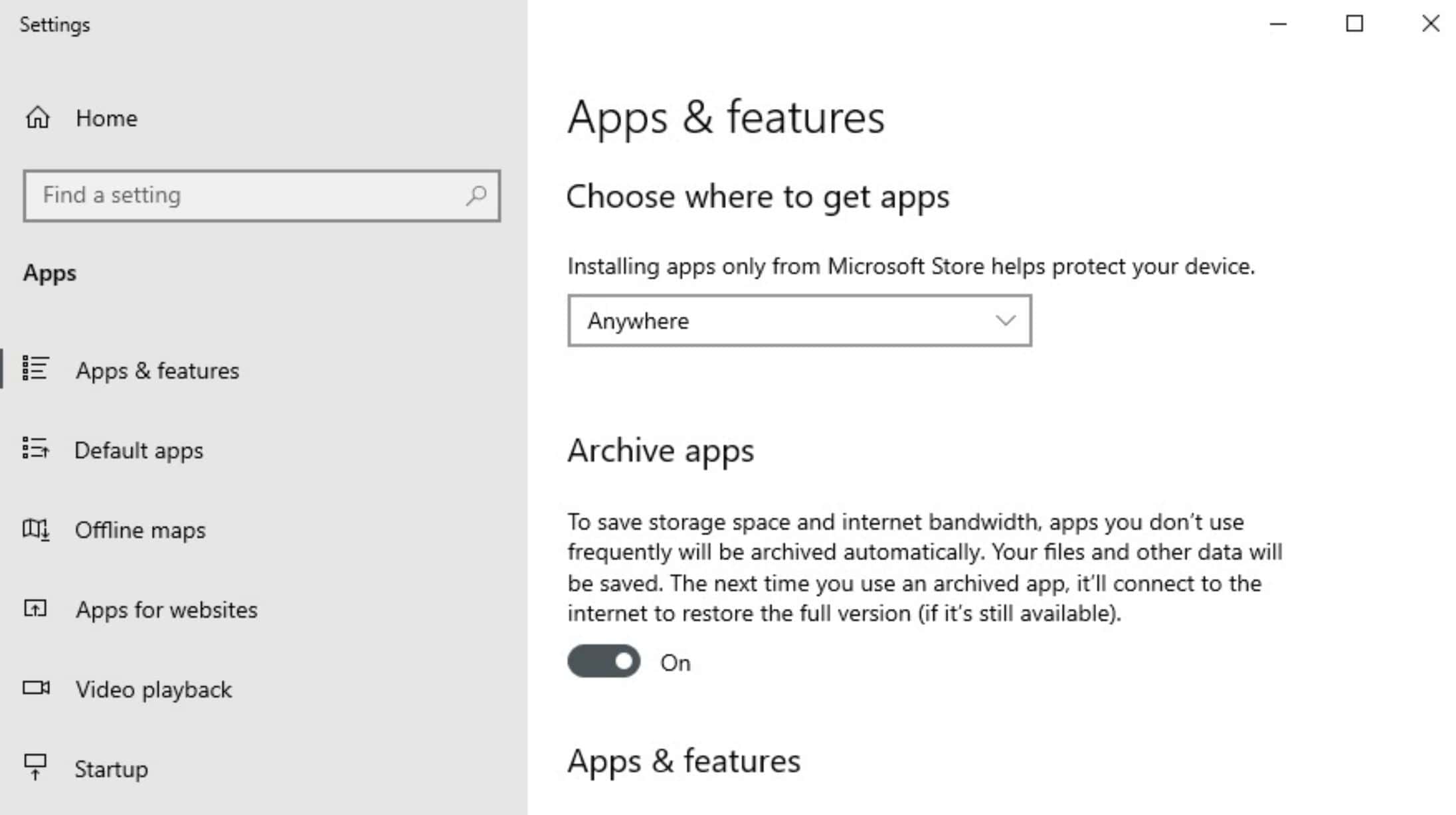 App di archivio di Windows 10