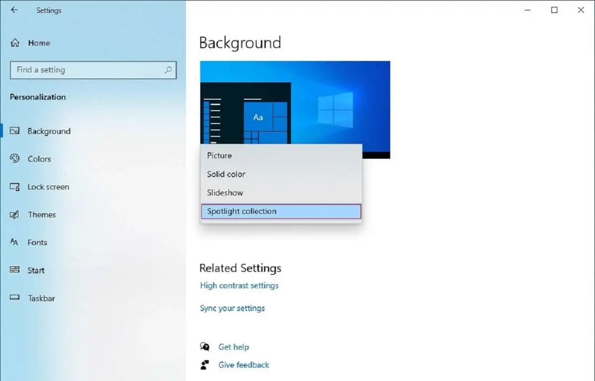 สปอตไลต์ Windows 10