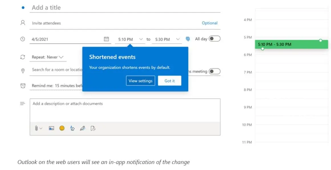 Microsoft Outlook shortened meetings