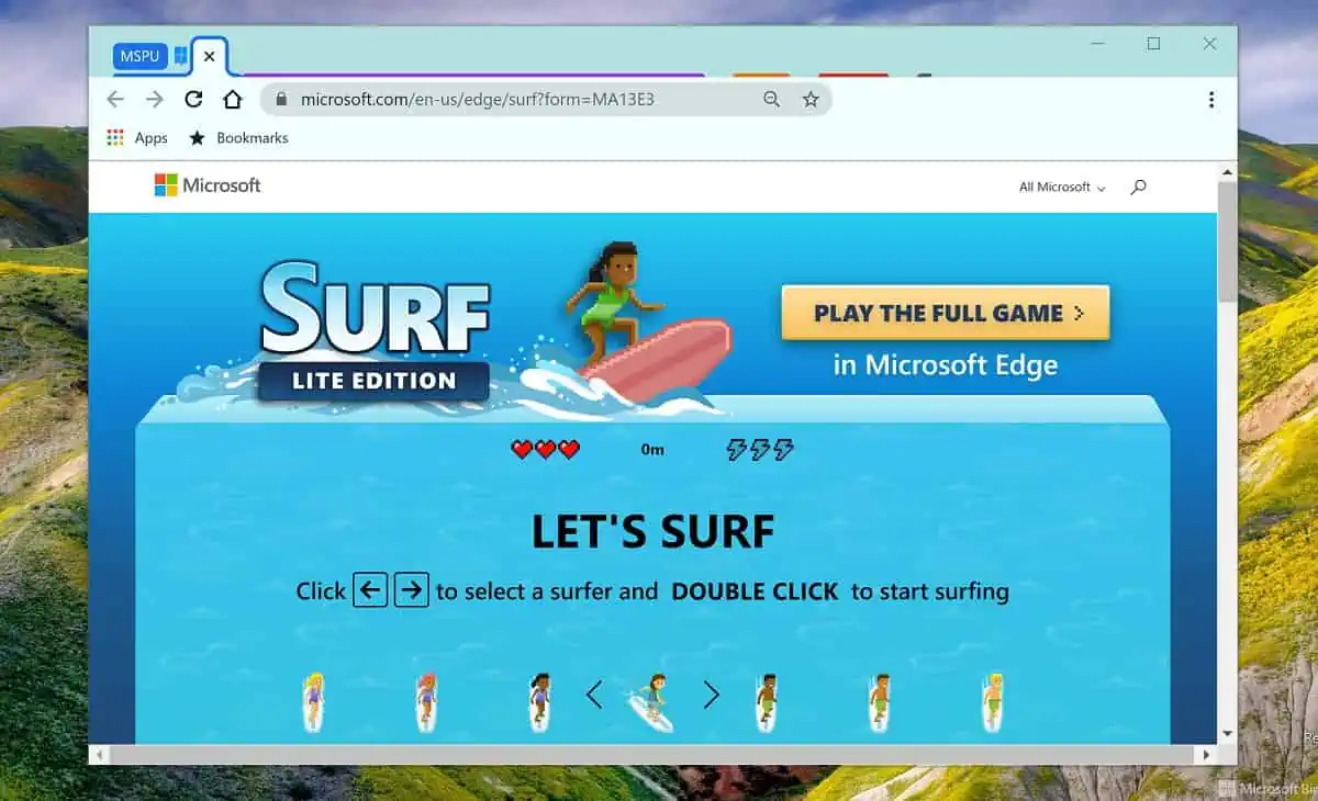 Microsoft Has a Surfing Version of the Google No Internet Dinosaur Game