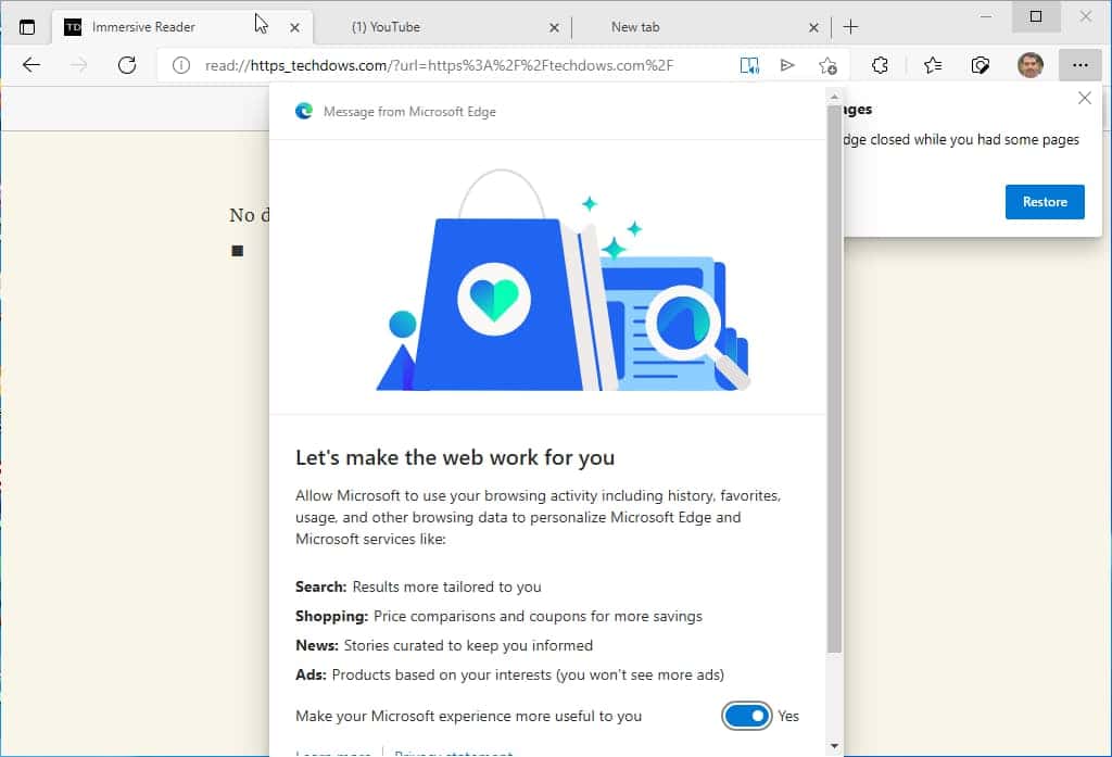 Η Edge λαμβάνει το δικό της μήνυμα προτροπής συμμετοχής για παρακολούθηση διαφημίσεων στα Windows 10