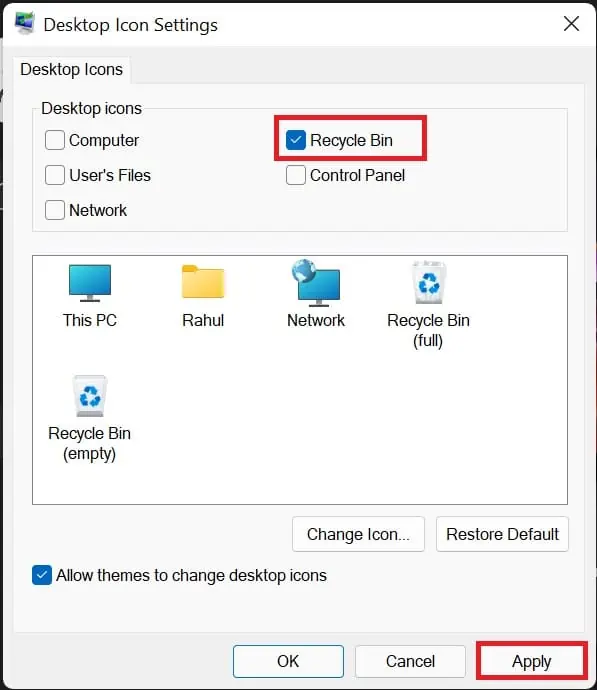 Show/hide Recycle Bin on Windows 11 desktop