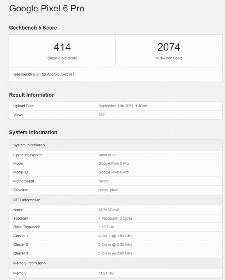 pixel 6 pro geekbench