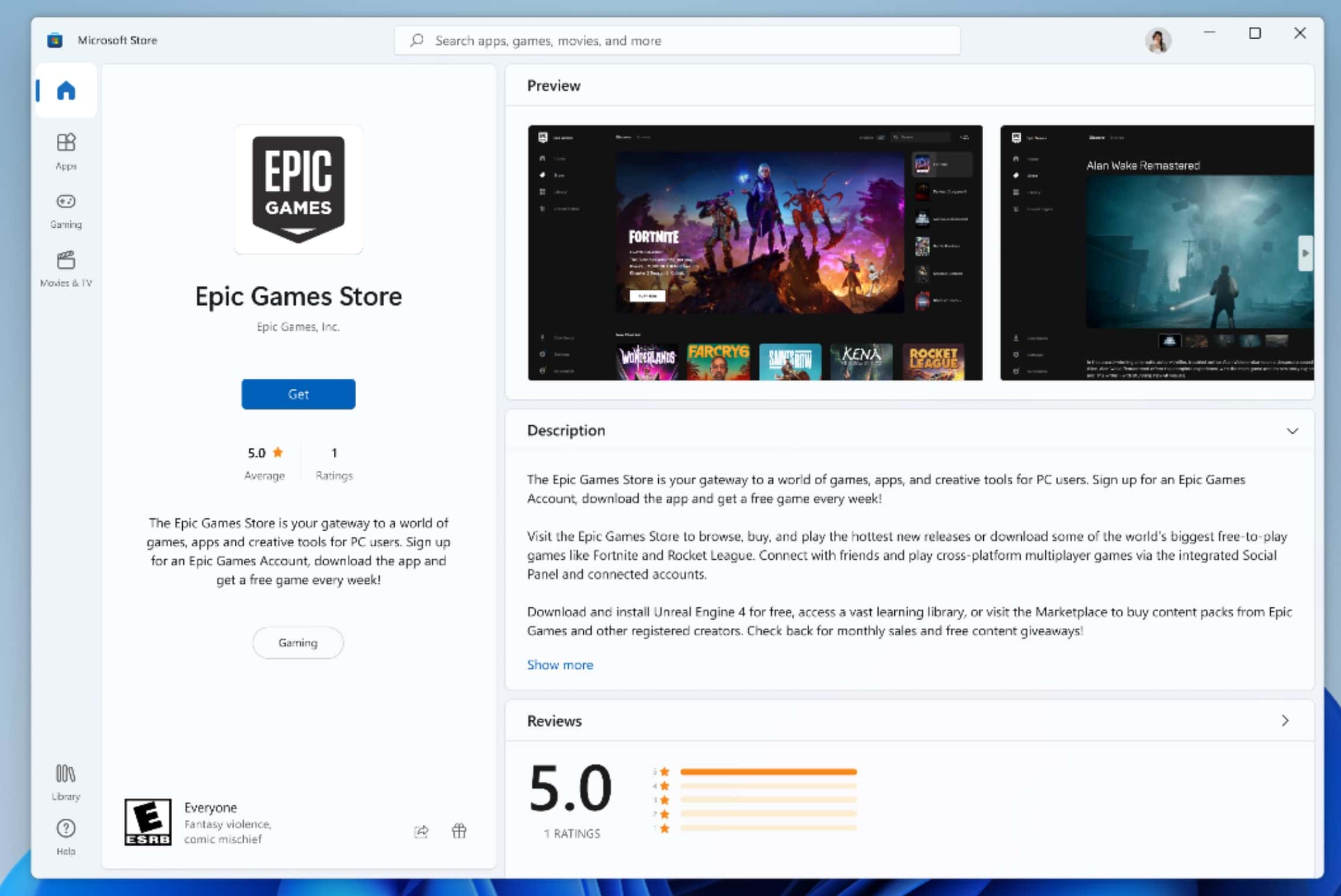 Microsoft Store Epic Store app