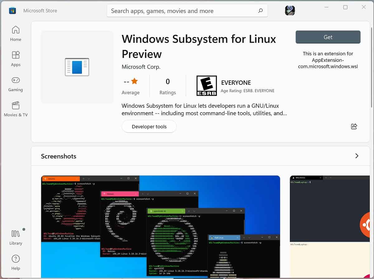 Aplikacija Microsoft Windows Subsystem za Linux