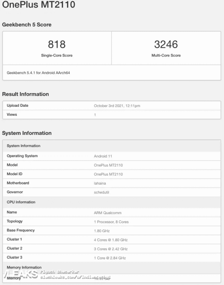 OnePlus 9 RT Geekbench scores