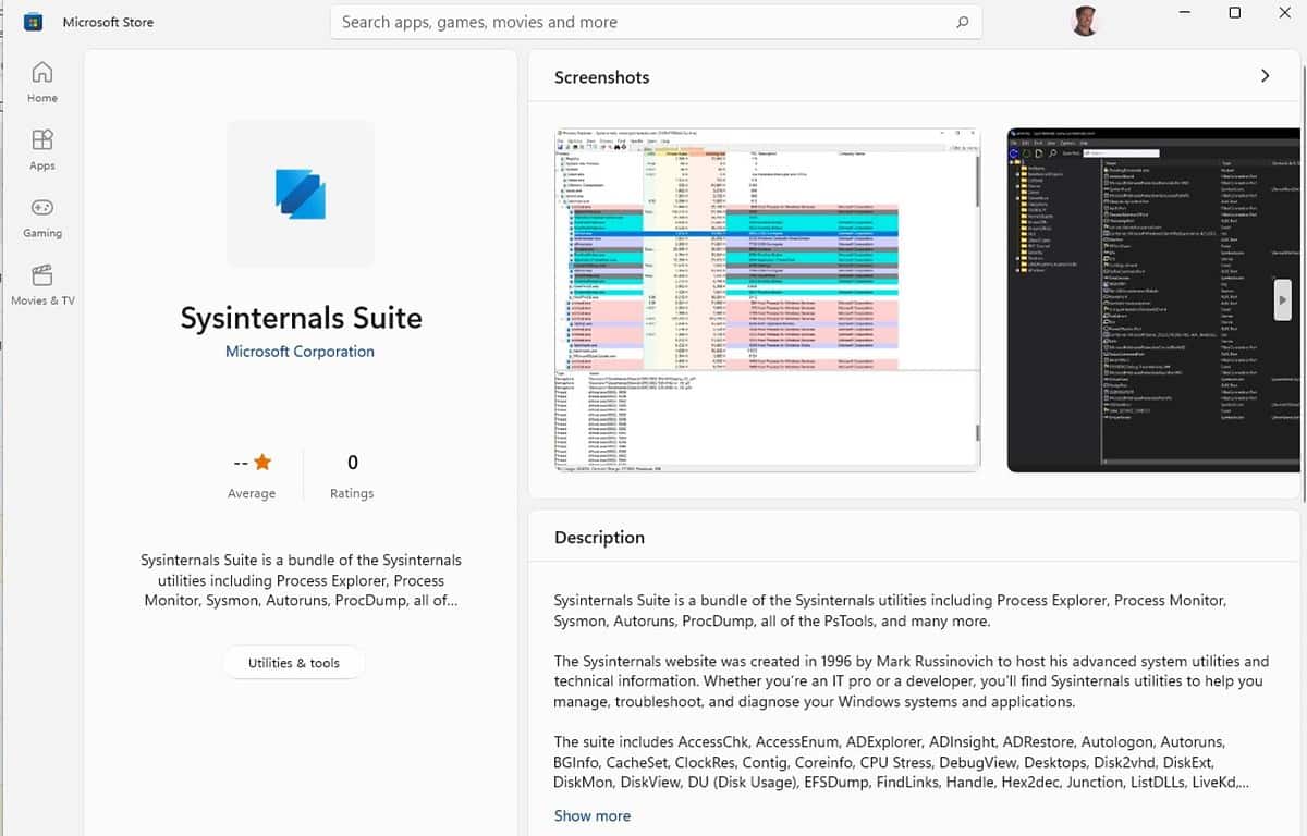 Sysinternals Microsoft Store