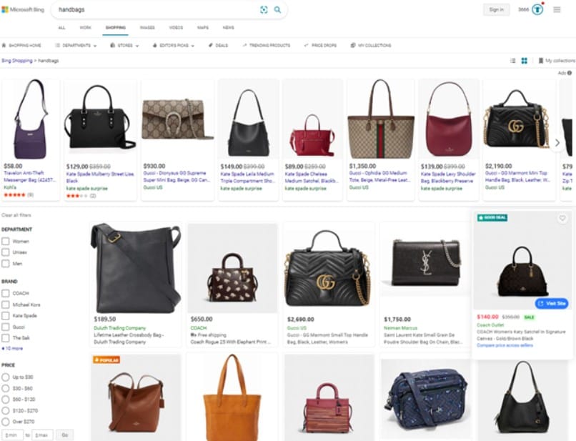 Microsoft Bing shopping tab