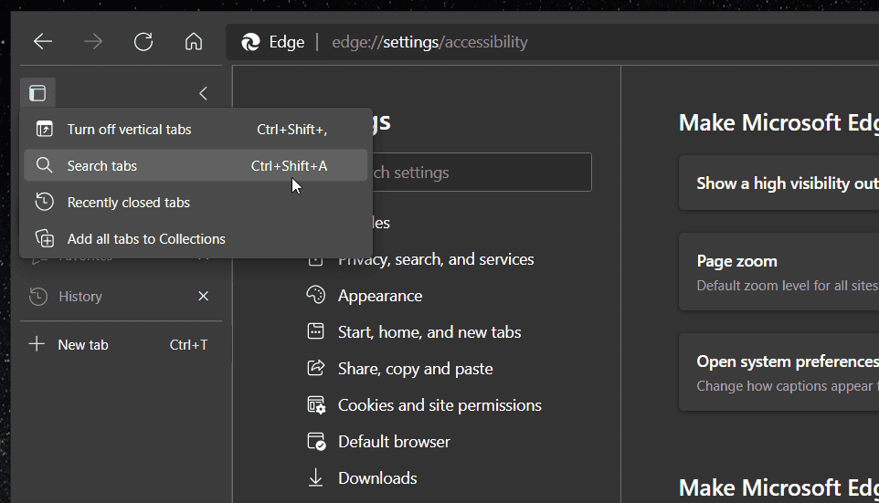 Tab Search now available by default in Edge Canary