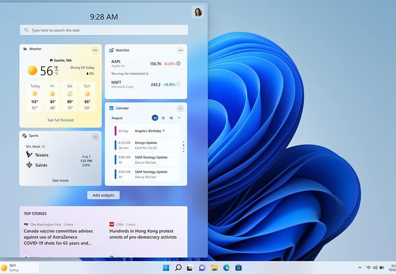 Microsoft Windows 11 Widgets Entry Point