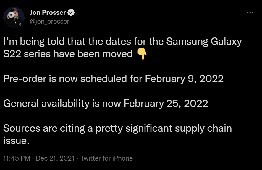 Samsung Galaxy S22 delayed