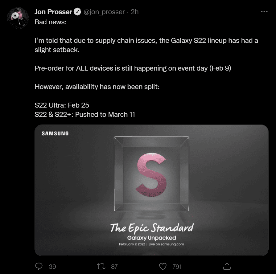 Galaxy S22 delay tweet