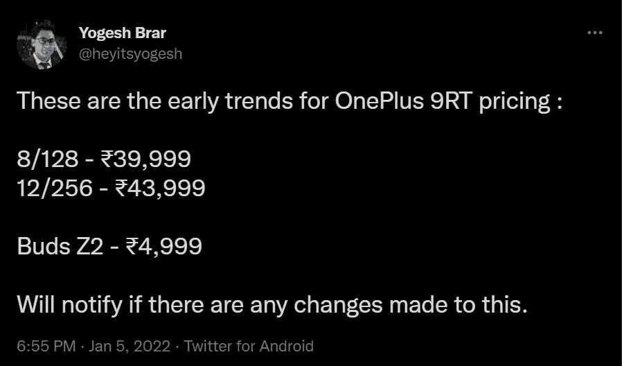 OnePlus 9RT OnePlus Buds Z2 pricing