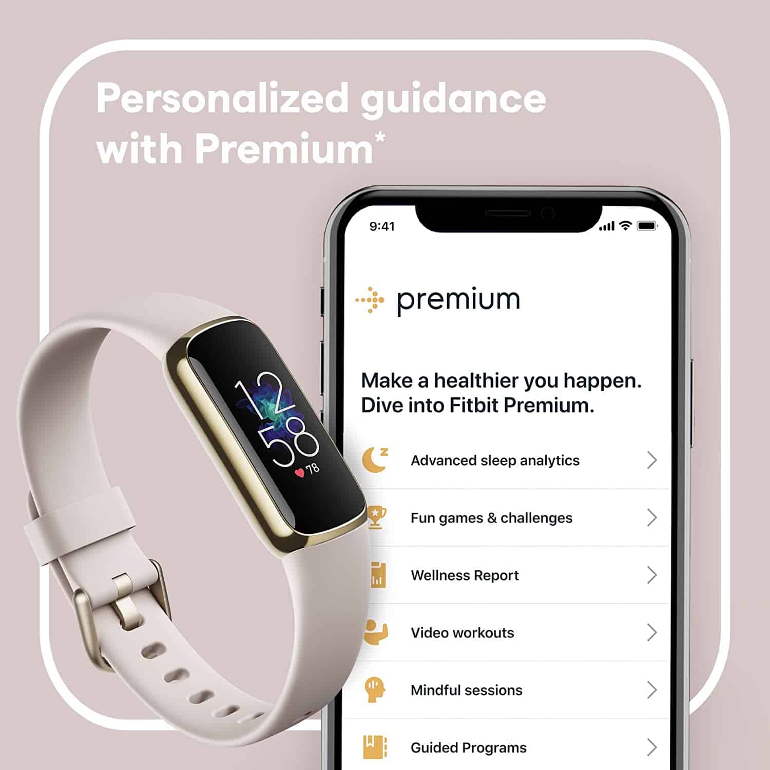 Fitbit Luxe-Fitness and Wellness-Tracker with Stress Management,  Sleep-Tracking and 24/7 Heart Rate, One Size SL Bands Included, Lunar  White/Soft Gold