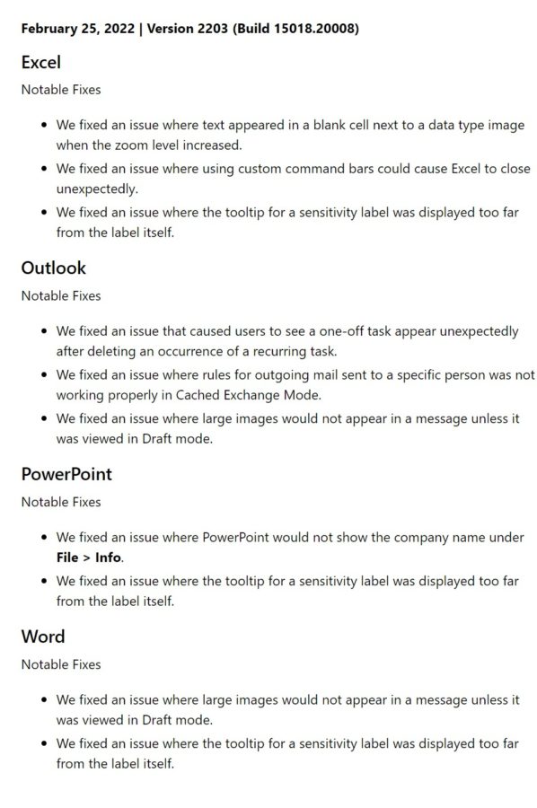 Office Build 15018.20008 changelog