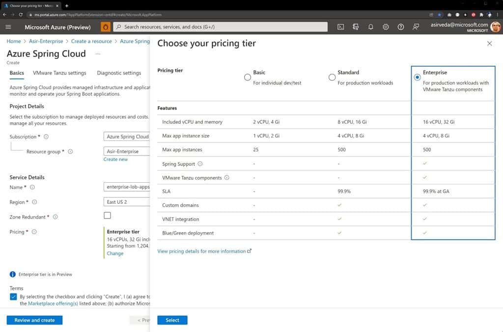 Azure Spring Cloud tier selection page