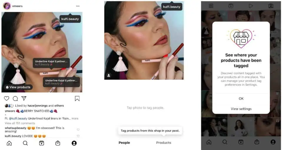 Funkce instagramového označování produktů na mobilu, dáma s make-upem s produktovými značkami