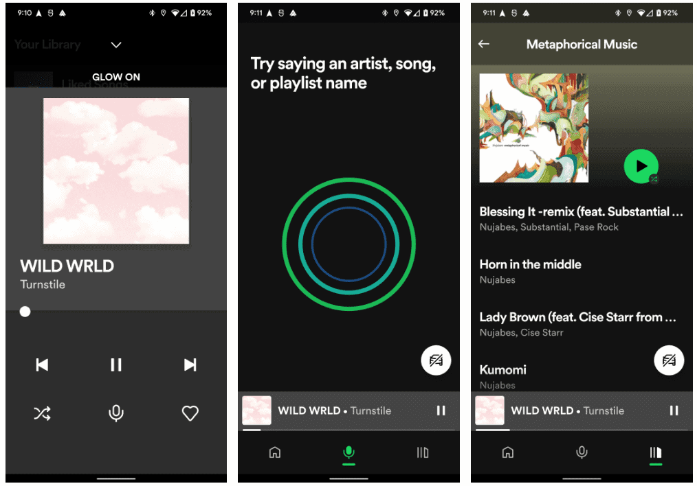 Home, Voice, and Library tabs of Spotify Car Mode