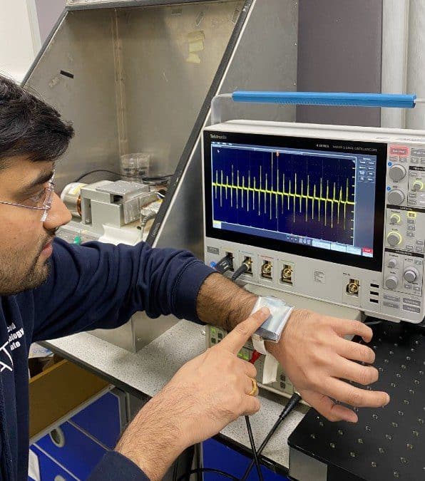 Dr. Bhaskar Dudem testing the Energy-harvesting Wearable Device