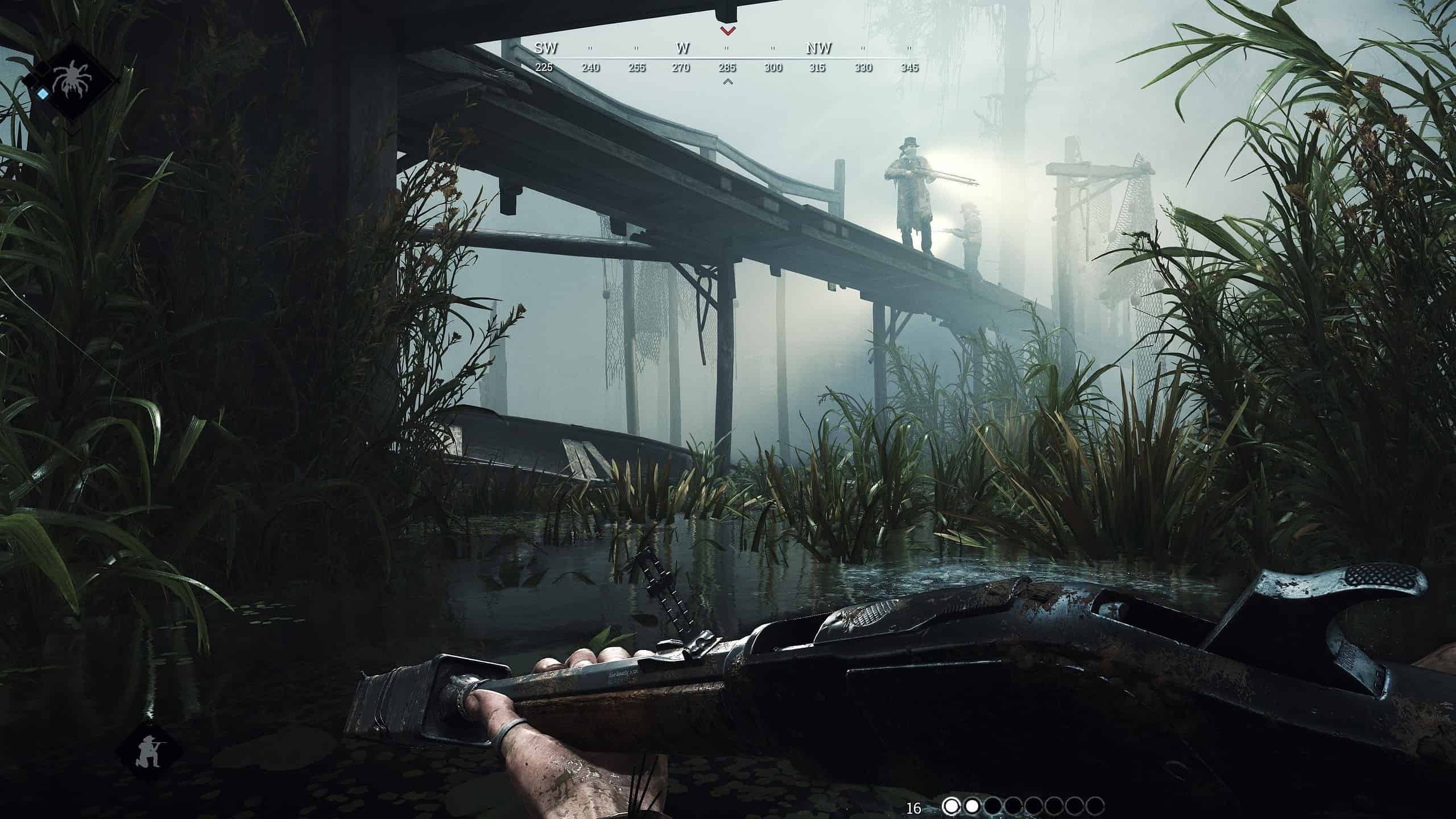 Hunt: Showdown game scene in foggy river with tall grass and characters with weapons