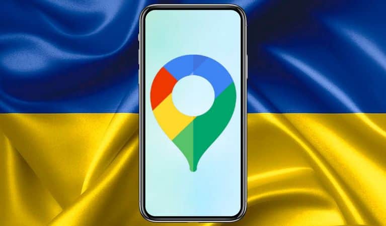 Google Maps logo on Phone in front of Ukraine flag