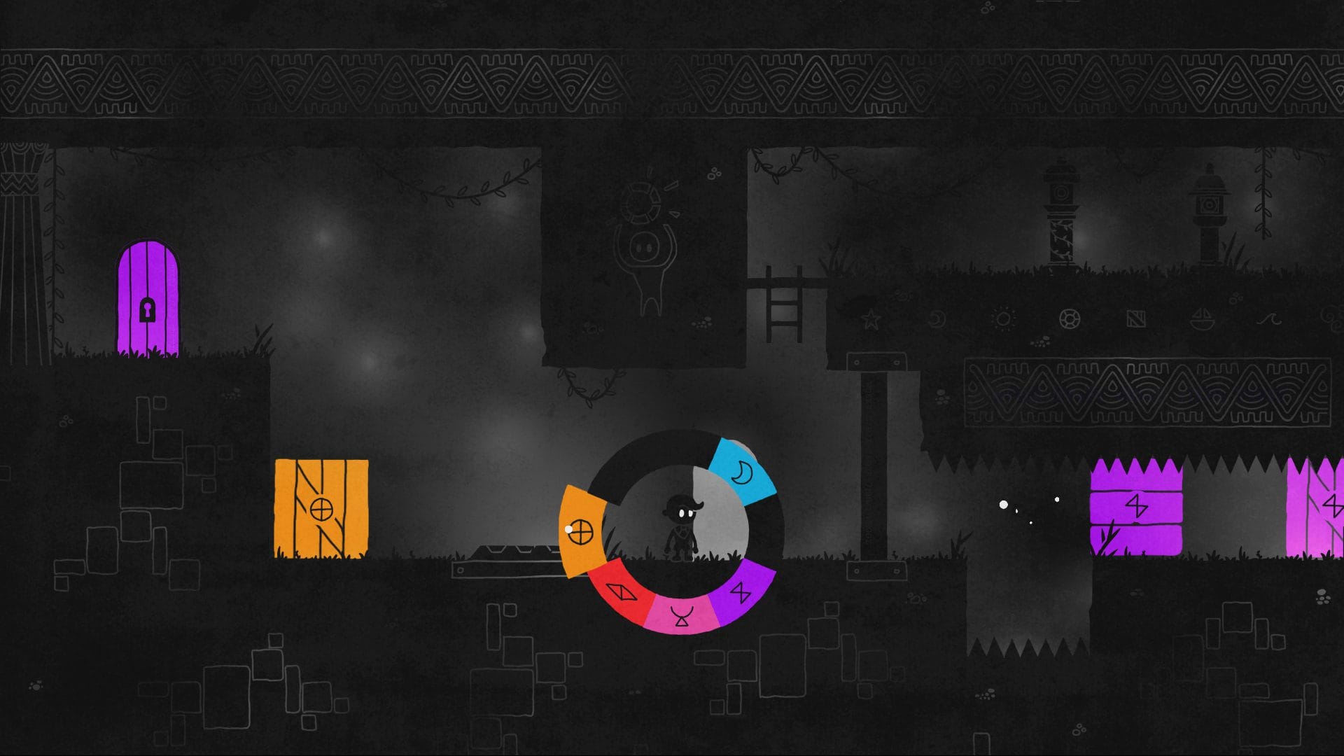 Hue game scene, black environment with fragments of color elements