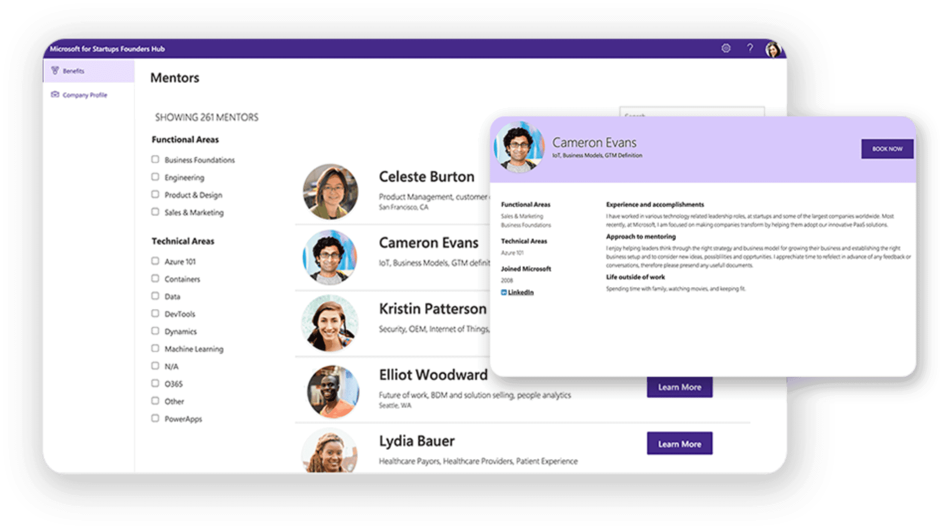 Microsoft for Startups Founders Hub window, mentor page