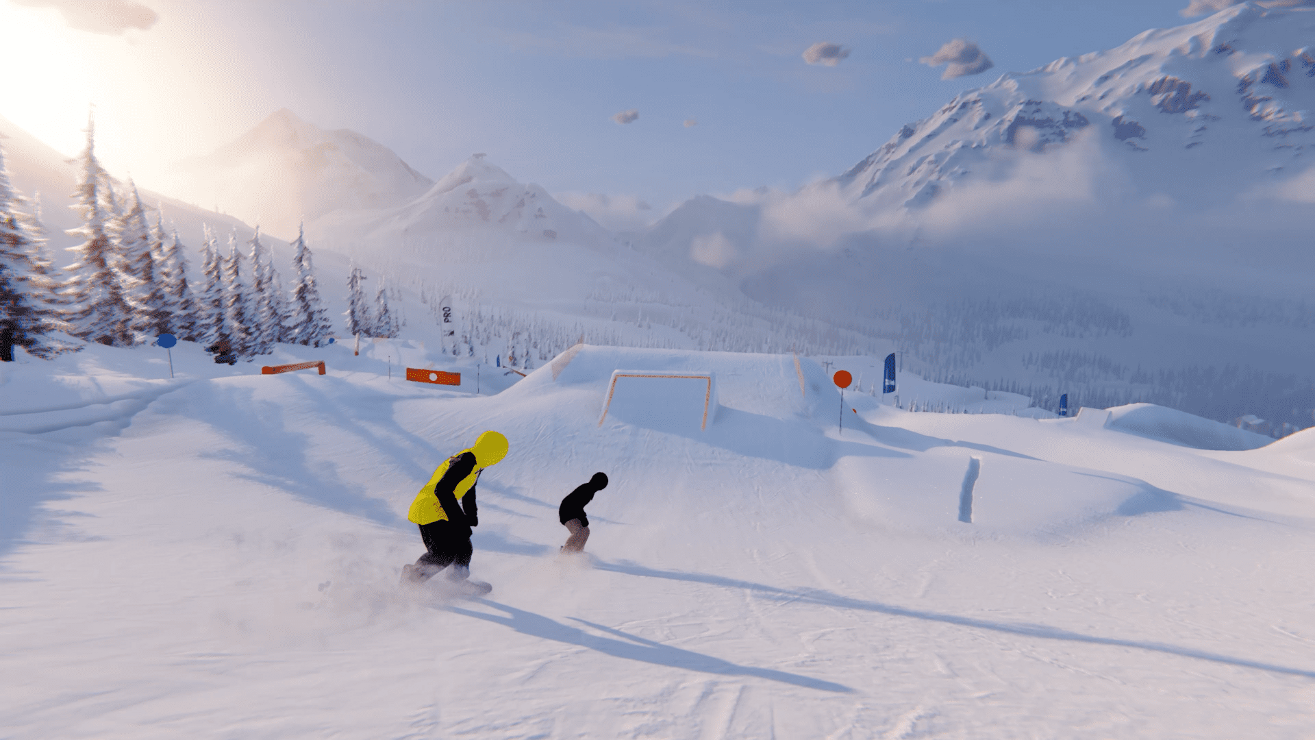 Xbox Shredders, two snowboarders snowboarding on mountain snow with pine trees