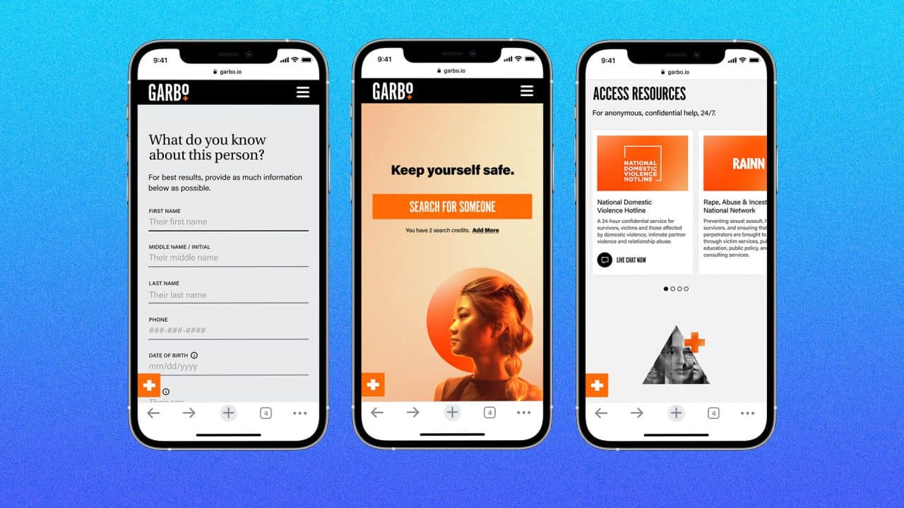 Application Garbo sur téléphone via Tinder, trois téléphones avec application Garbo à l'écran