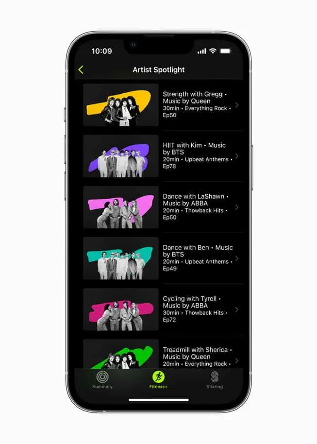 Apple Fitness+ Artist Spotlight menu screenshot