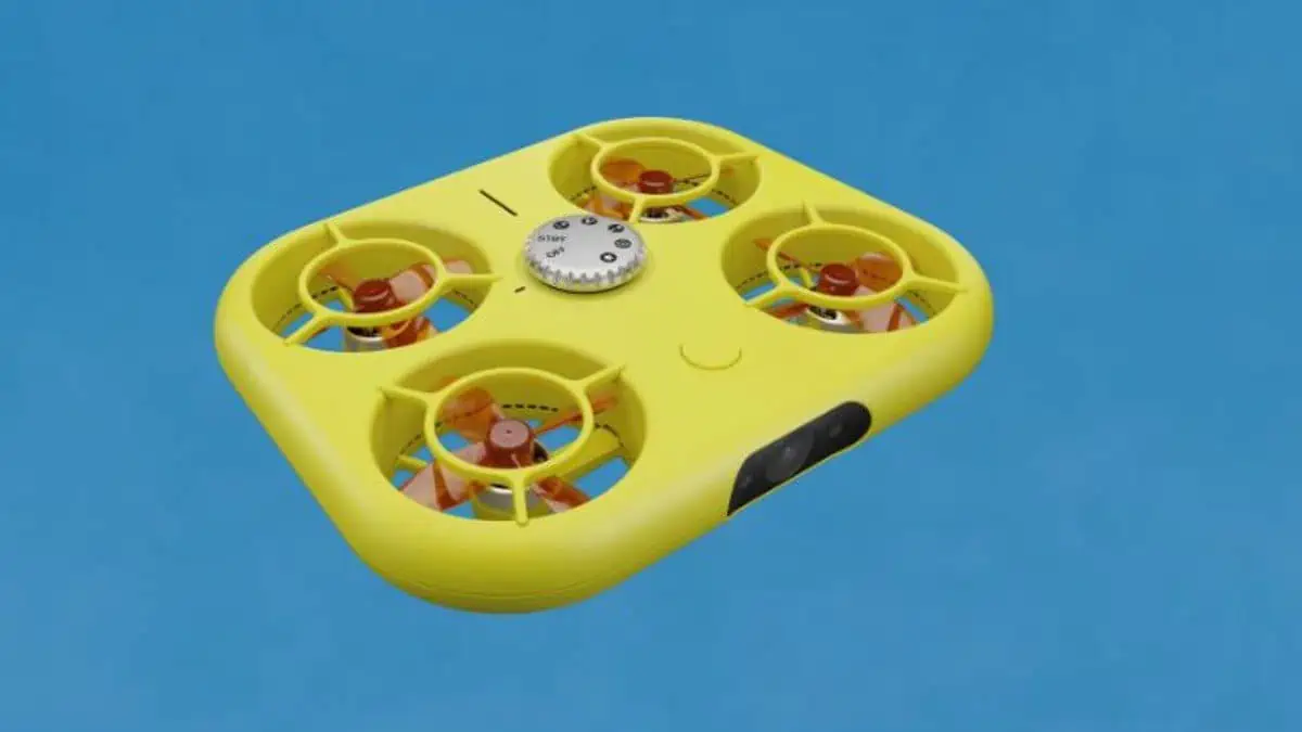 yellow Snap Pixy drone camera on blue background