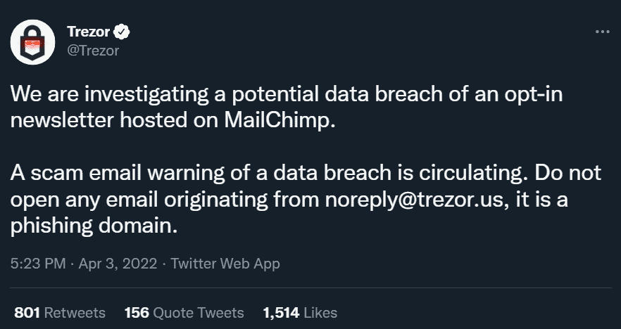 Trezor's tweet about Mailchimp data breach