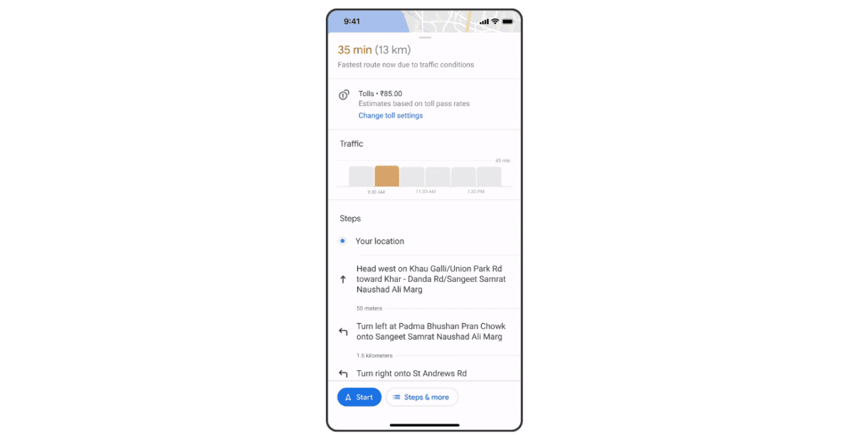 Google Maps Toll Suggestion Feature on mobile
