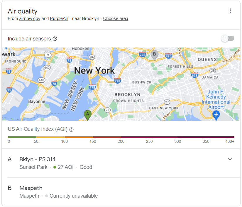 Google Search US Air Quality Index result for Brooklyn