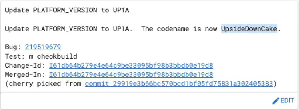 Andoid 14 UpsideDownCake internal codename and other details on the Android Open Source Project