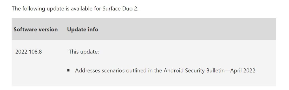 Surface Duo 2, 2022. áprilisi firmware-frissítés