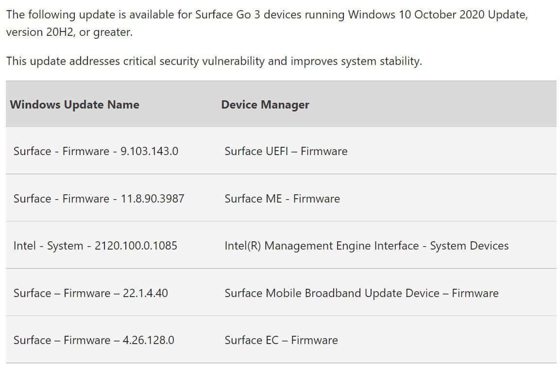 Mise à jour du micrologiciel Surface Go 3