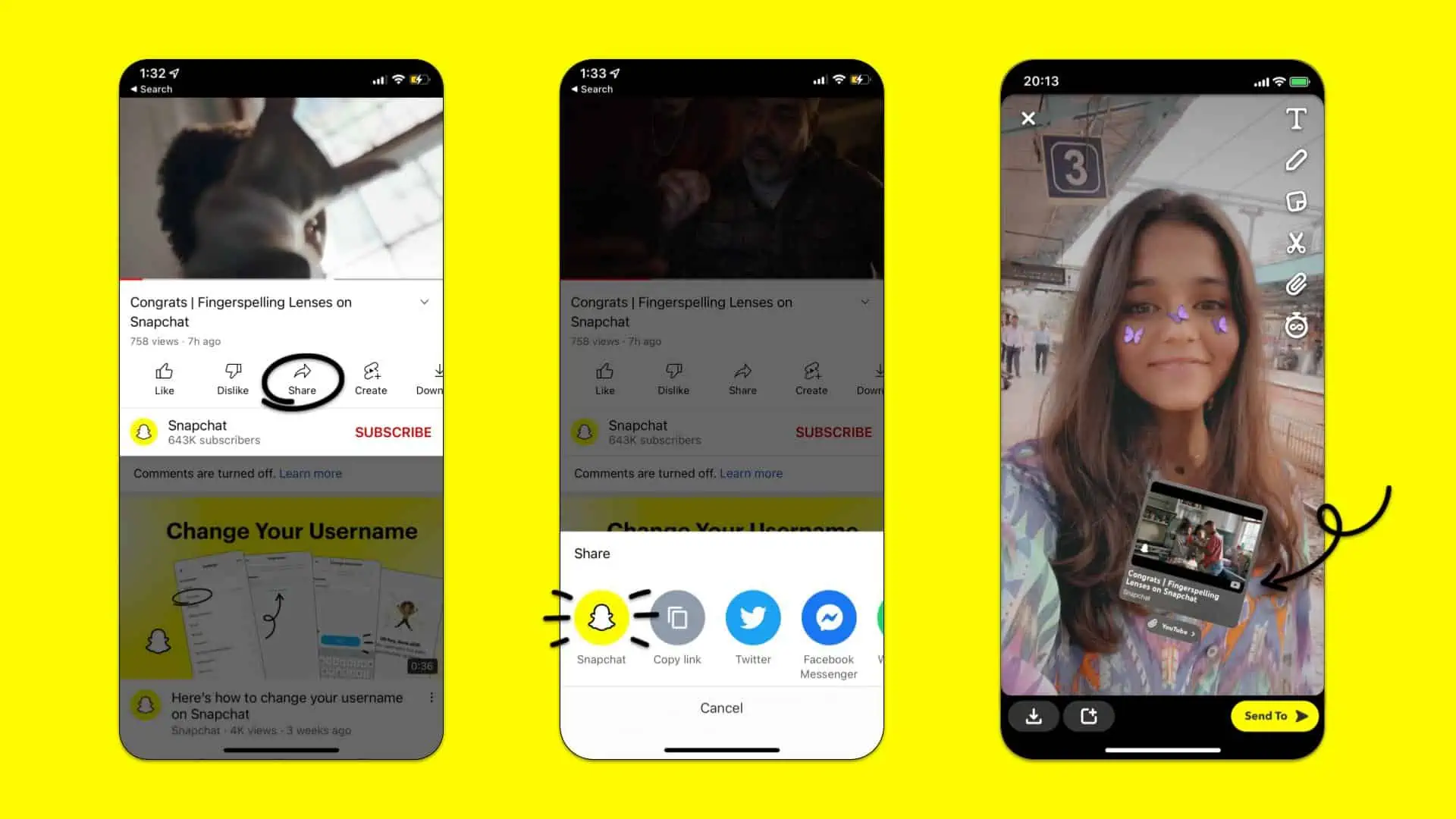 Snapchats nye trykkbare YouTube-klistremerker på mobil