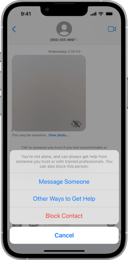 Apple communication safety feature prompt screenshot on mobile