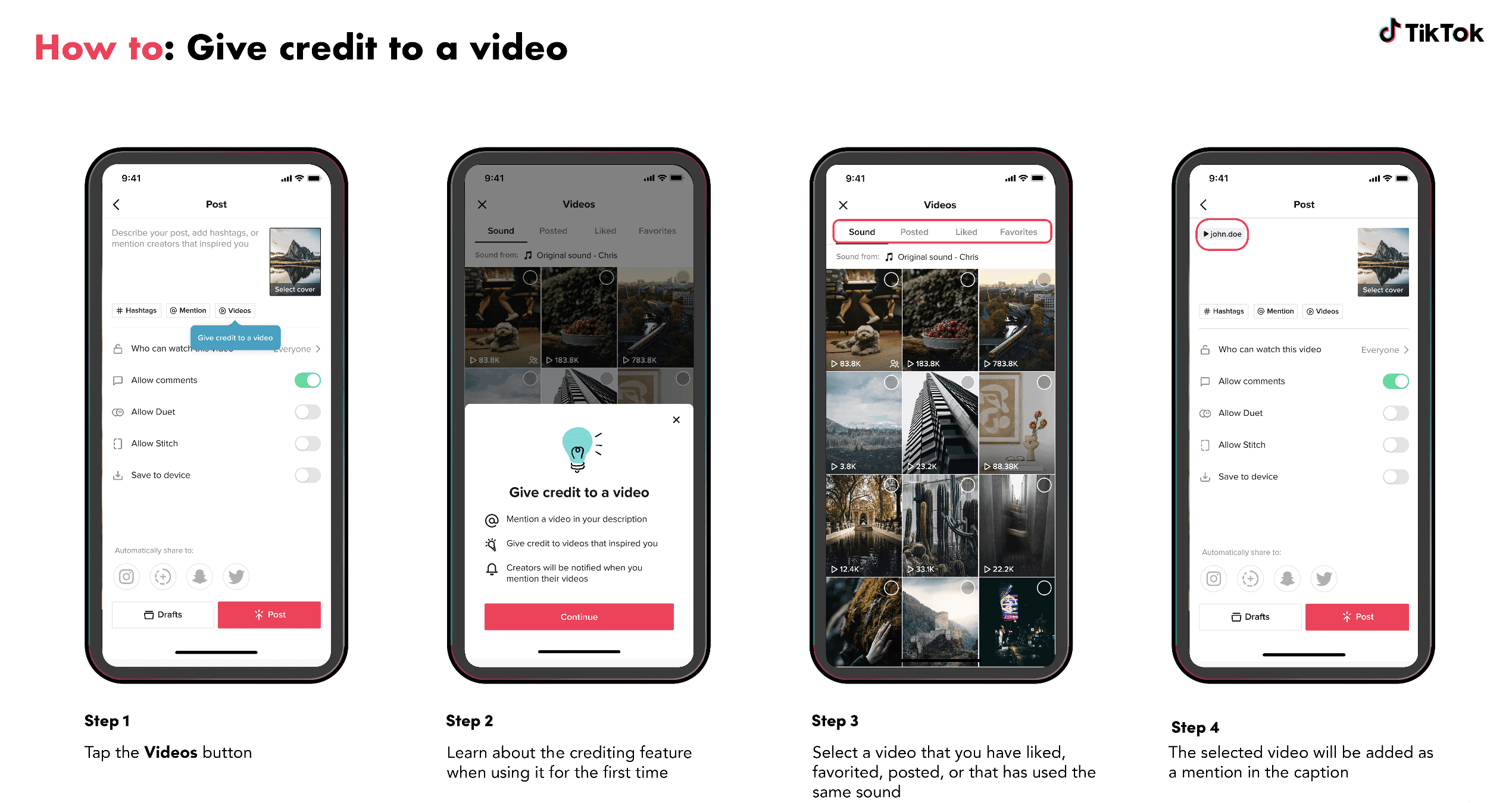 mobile screenshots of TikTok's new crediting tools