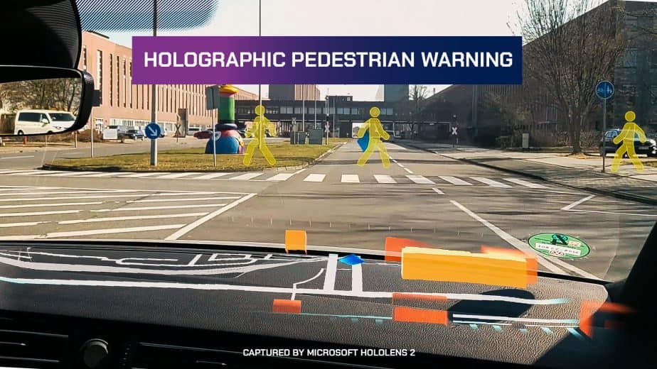 HoloLens' moving platform mode showing road information like holographic pedestrian warning on car windshield