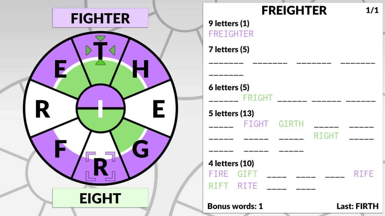 Word Wheel by POWGI game screenshot with Word Wheel featuring jumbled letters with letter I in the middle