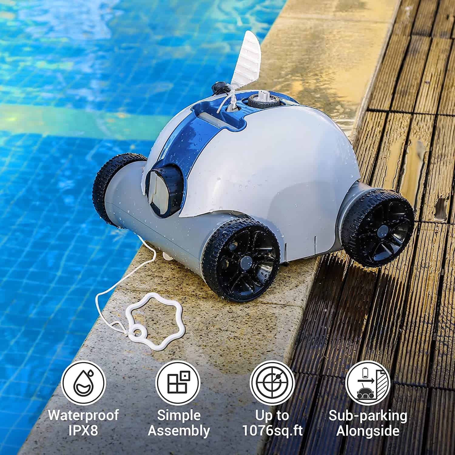 PAXCESS cordless robotic pool cleaner on the pool side with details of specs